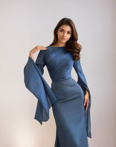 Modest satin maxi dress in Blue – Modest Satin Maxi Evening Dress with Split Sleeves