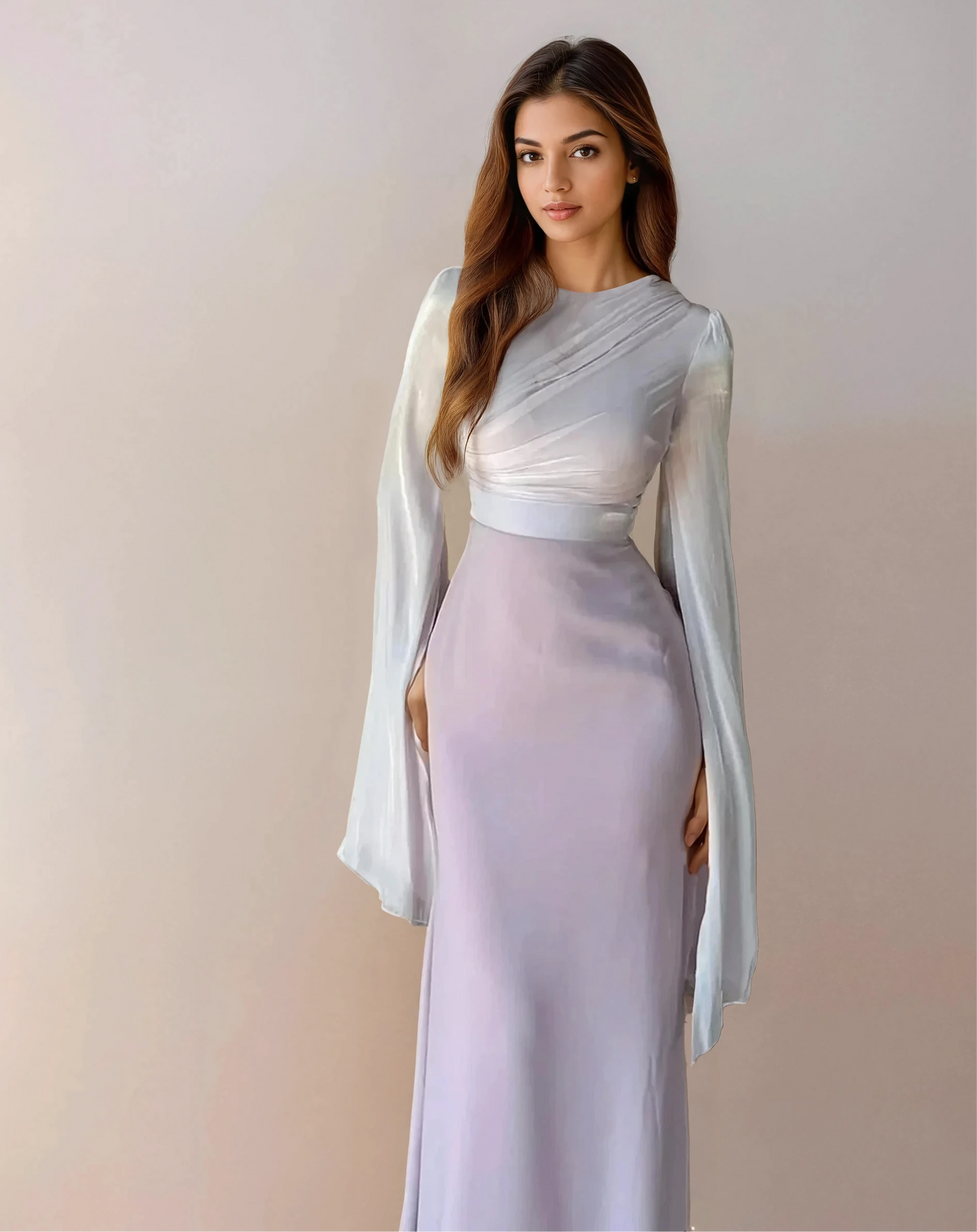 Modest satin maxi dress in Pink – Modest Satin Maxi Evening Dress with Split Sleeves