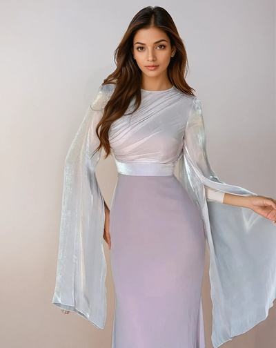 Modest satin maxi dress in Pink – Modest Satin Maxi Evening Dress with Split Sleeves