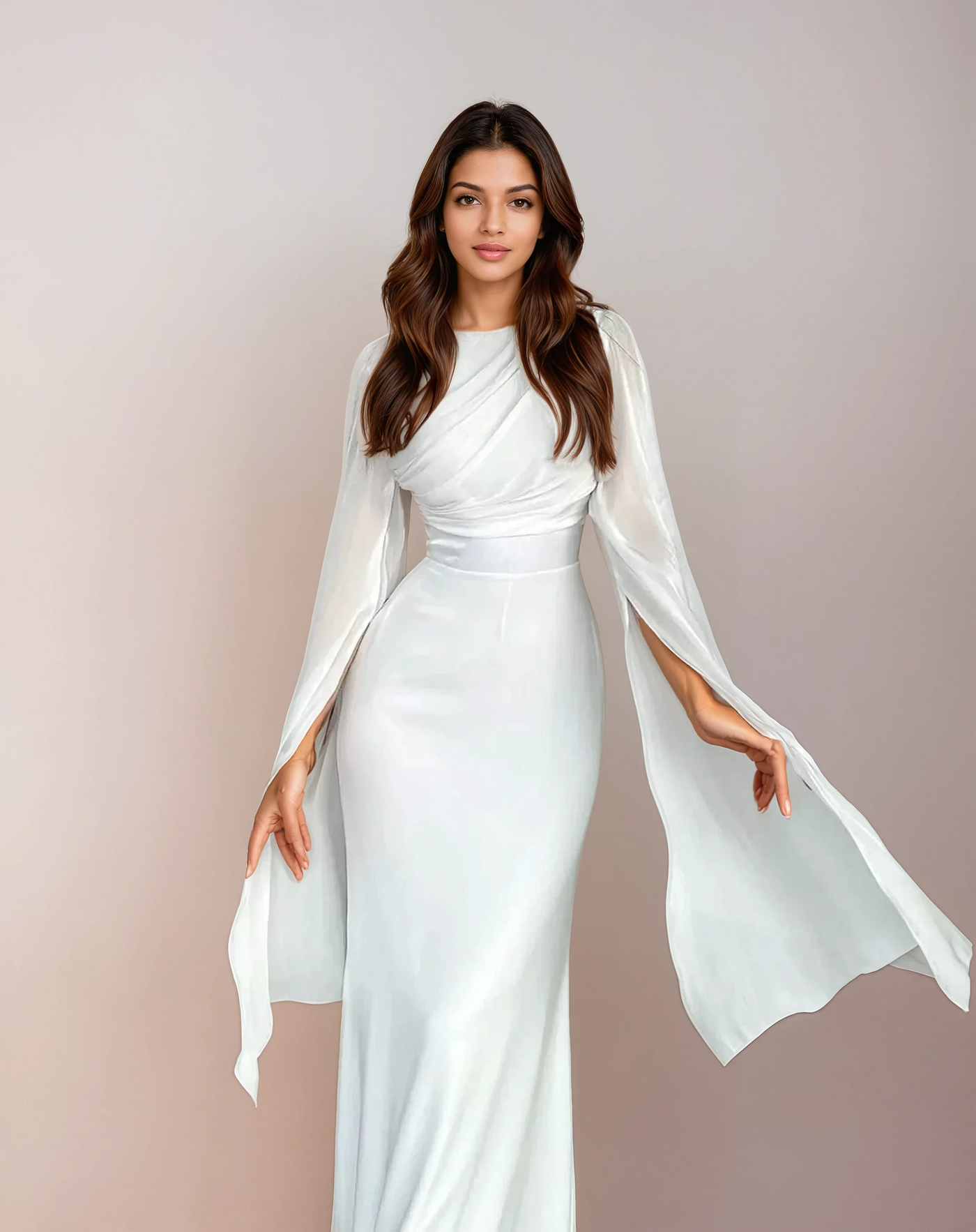 Modest satin maxi dress in White – Modest Satin Maxi Evening Dress with Split Sleeves