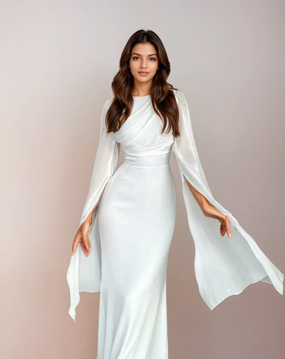 Modest satin maxi dress in White – Modest Satin Maxi Evening Dress with Split Sleeves