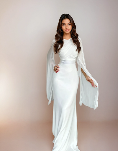 Modest satin maxi dress in White – Modest Satin Maxi Evening Dress with Split Sleeves