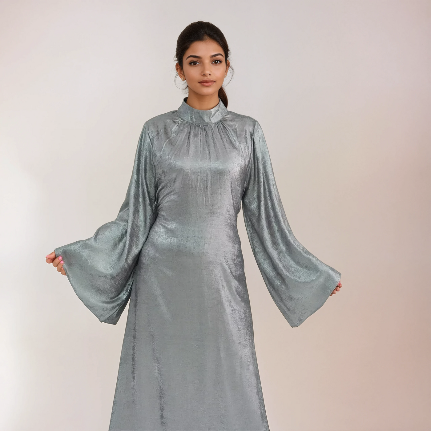 Modest satin maxi dress – Silver Elegance Abaya Dress