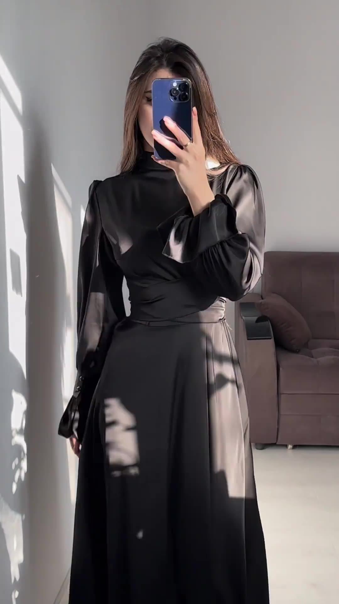 Modest satin maxi dress in Black – Modest Satin Long Sleeve Maxi Dress with Belted Waist