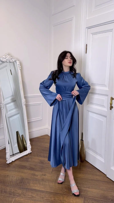 Timeless Grace - Modest Satin Belted Maxi Dress Blue