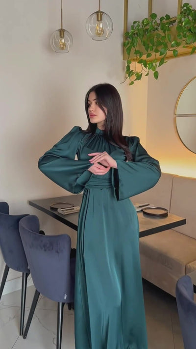 Timeless Grace - Modest Satin Belted Maxi Dress Dark Green