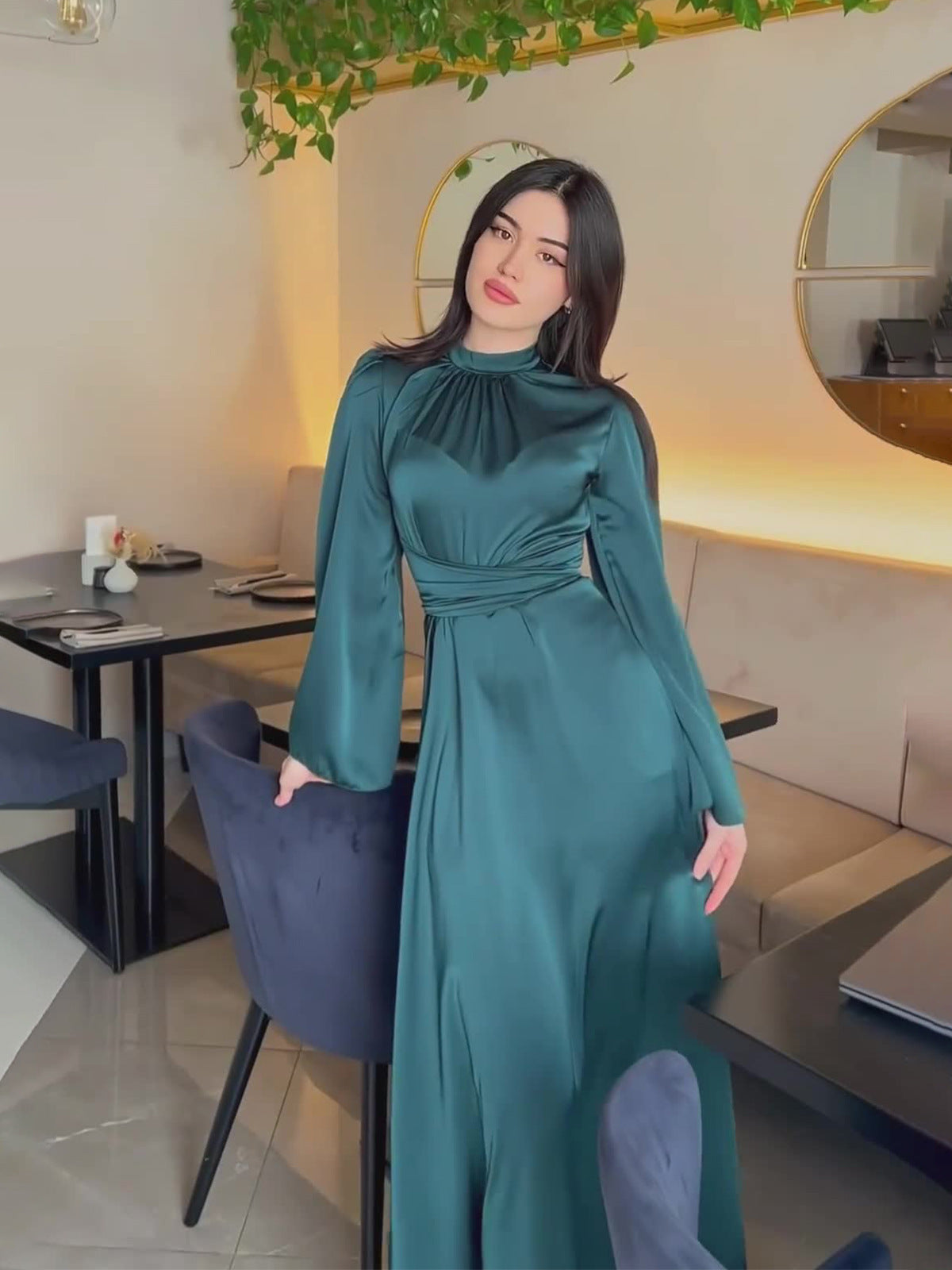 Timeless Grace - Modest Satin Belted Maxi Dress Dark Green