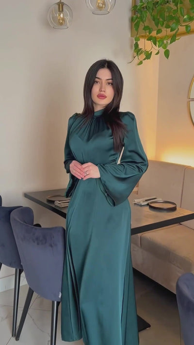 Timeless Grace - Modest Satin Belted Maxi Dress Dark Green