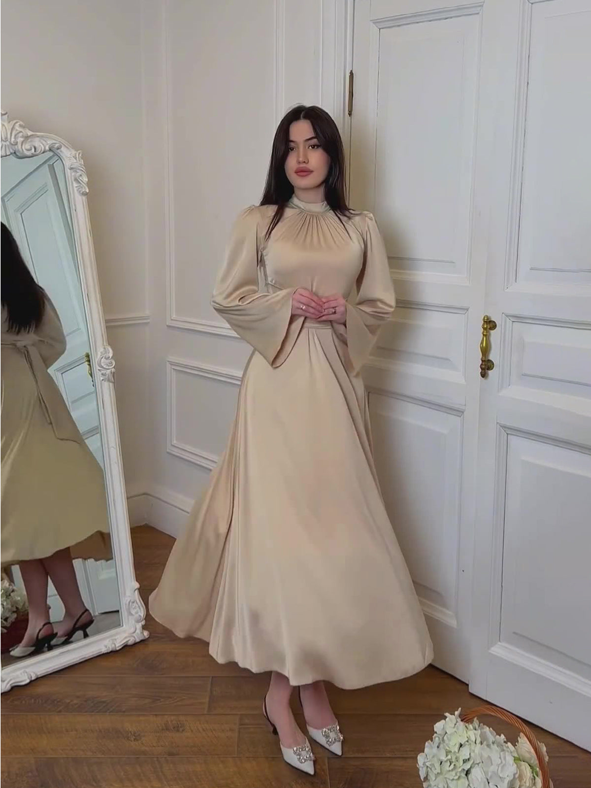 Timeless Grace - Modest Satin Belted Maxi Dress Champagne