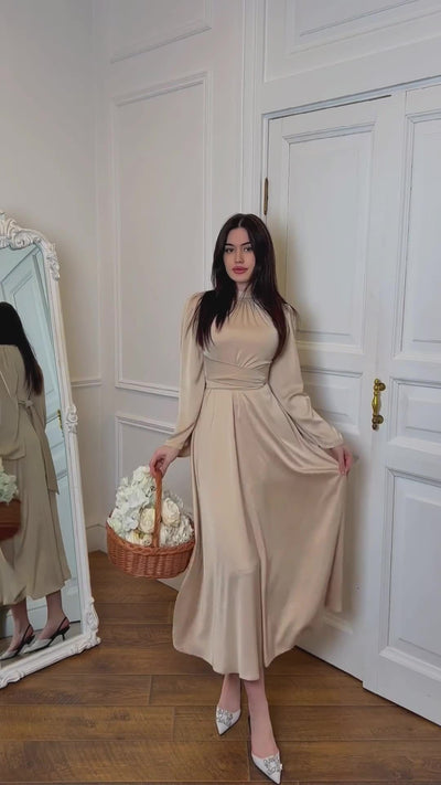 Timeless Grace - Modest Satin Belted Maxi Dress Champagne