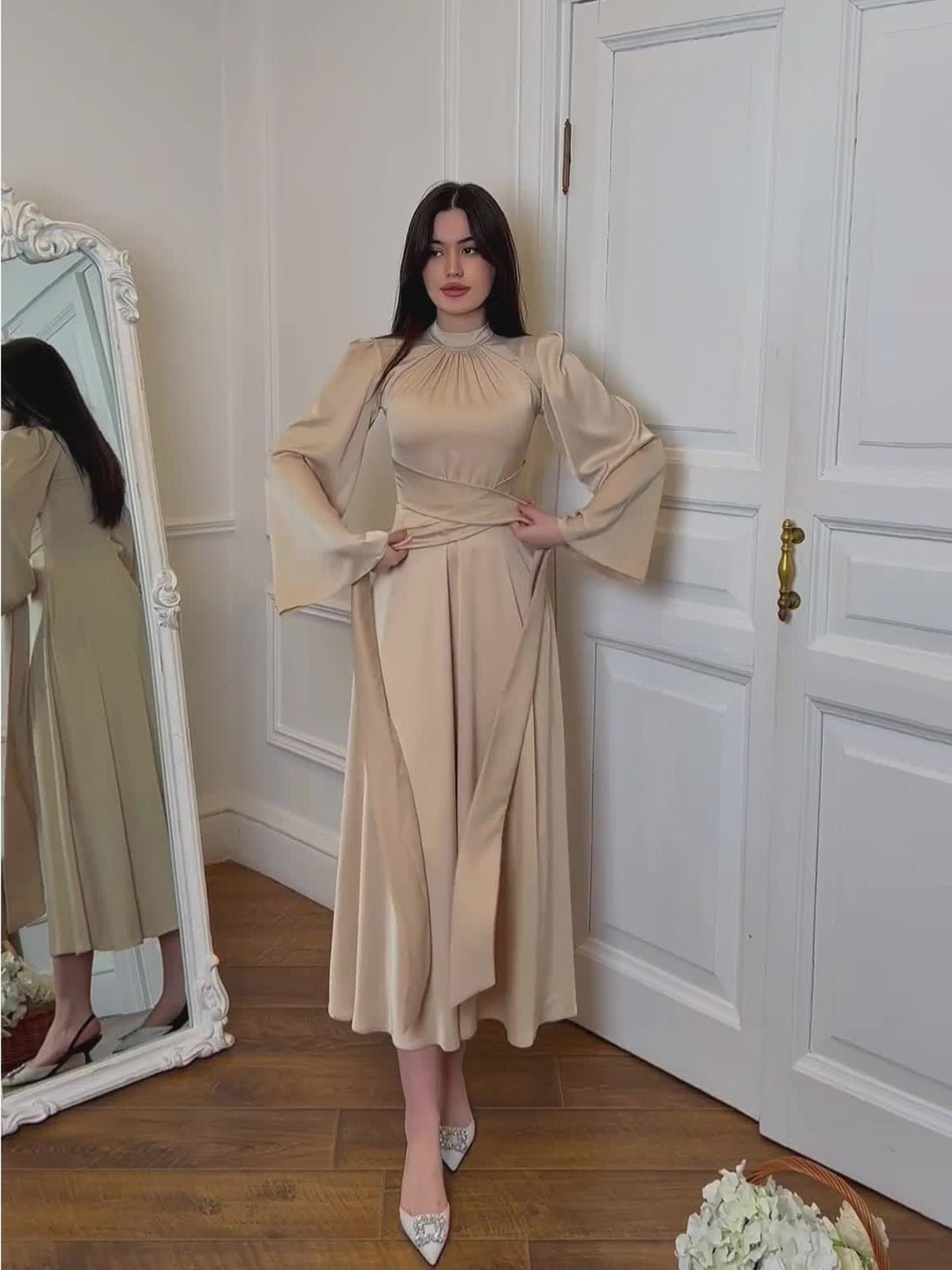 Timeless Grace - Modest Satin Belted Maxi Dress Champagne