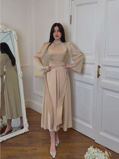 Timeless Grace - Modest Satin Belted Maxi Dress Champagne