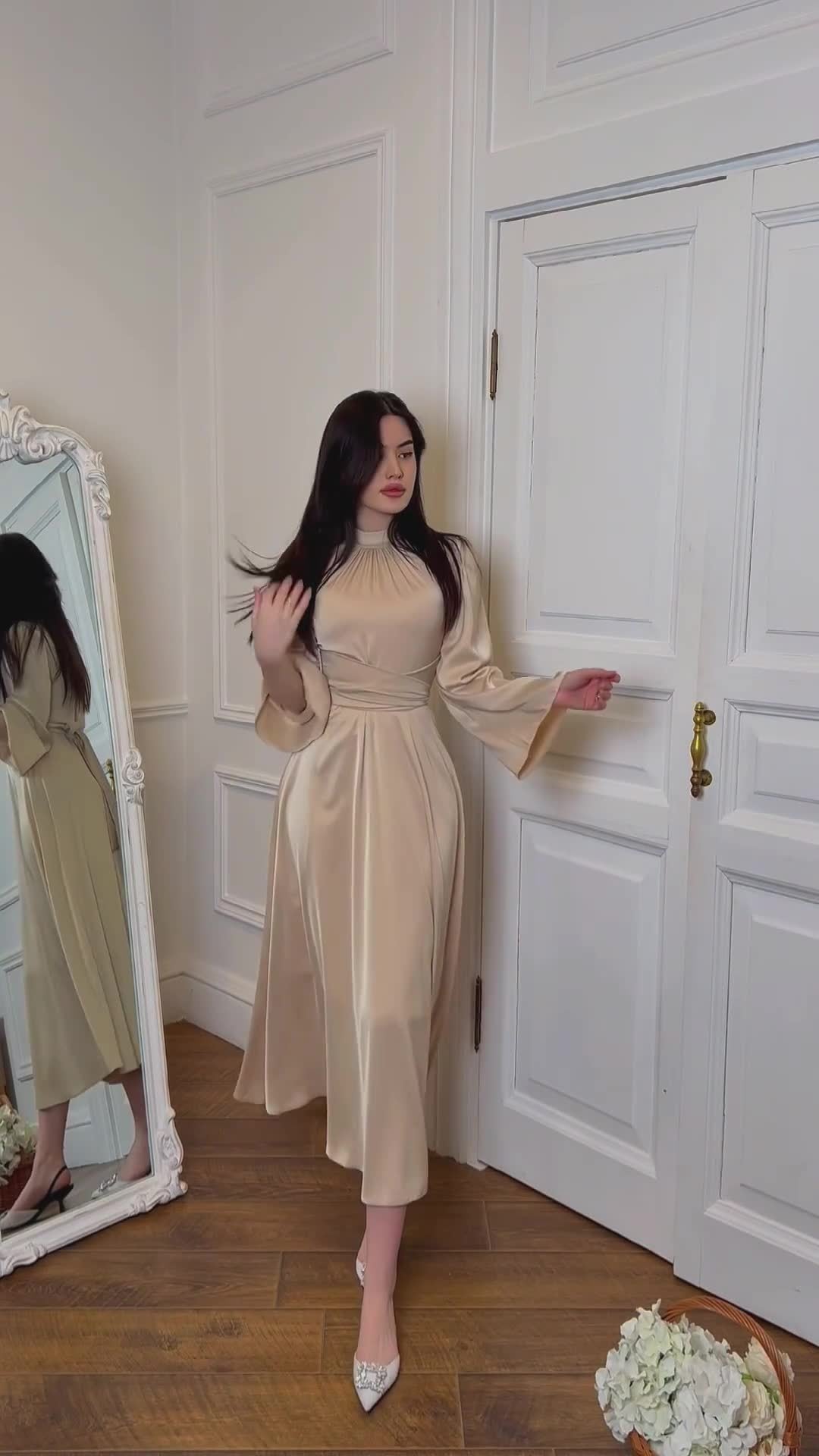 Timeless Grace - Modest Satin Belted Maxi Dress Champagne