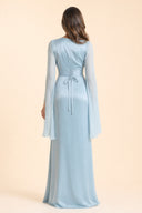 Modest Luxe Satin Evening Gown in Aquatic Blue — full-body back view — non-hijabi styling — Mystic Modesty modest evening wear SS '26.