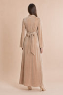 Velvet Elegance Modest Abaya Dress in Warm Beige — full-body back view — non-hijabi styling — Mystic Modesty modest evening wear SS '26.