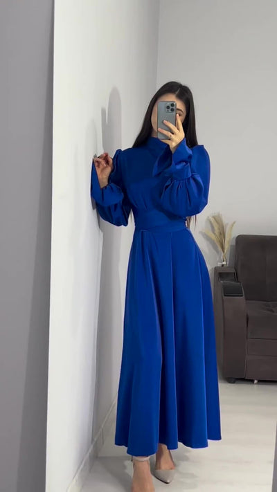 Modest satin maxi dress – Modest Satin Long Sleeve Maxi Dress with Belted Waist Royal Blue