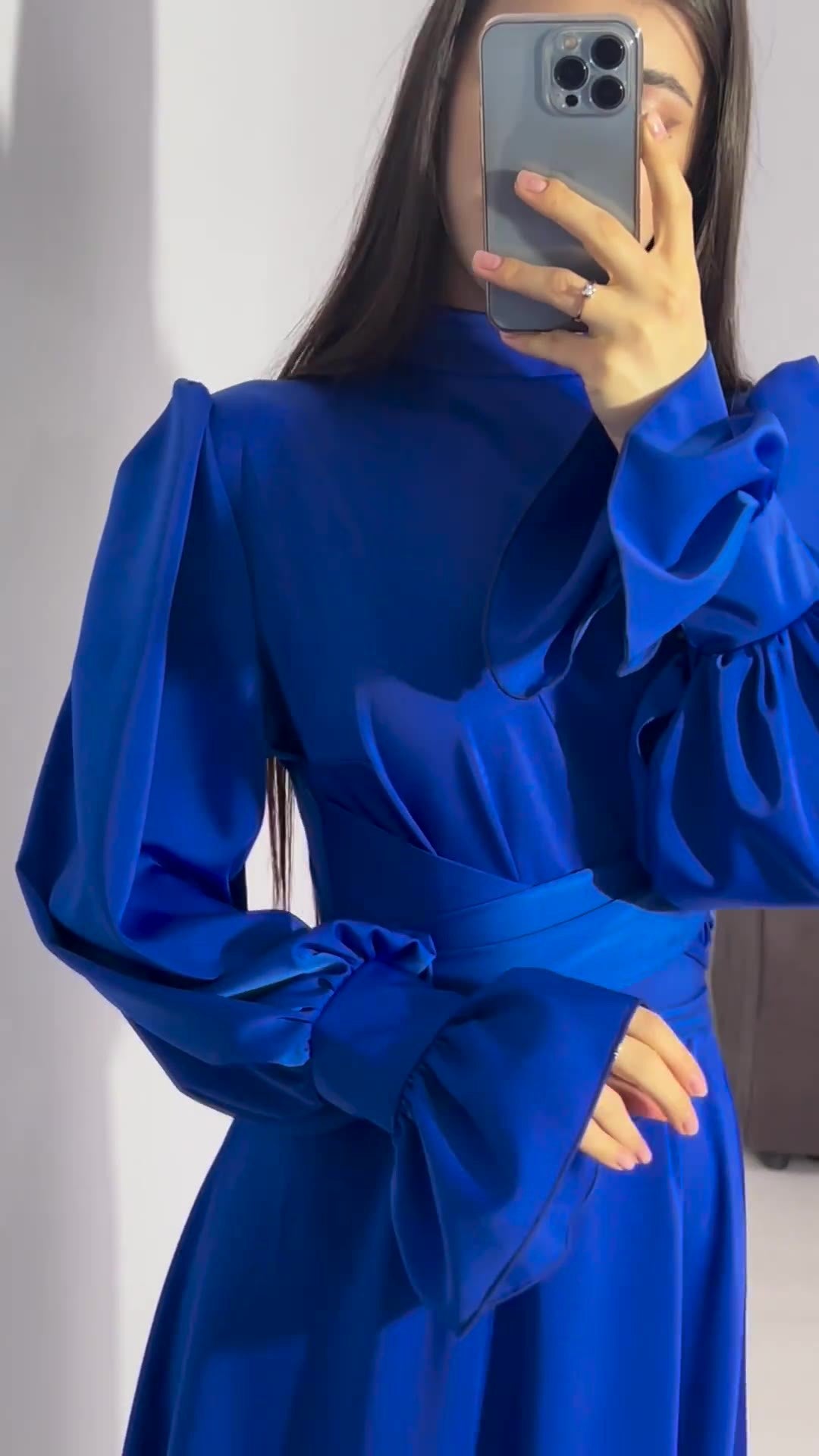 Modest satin maxi dress – Modest Satin Long Sleeve Maxi Dress with Belted Waist Royal Blue
