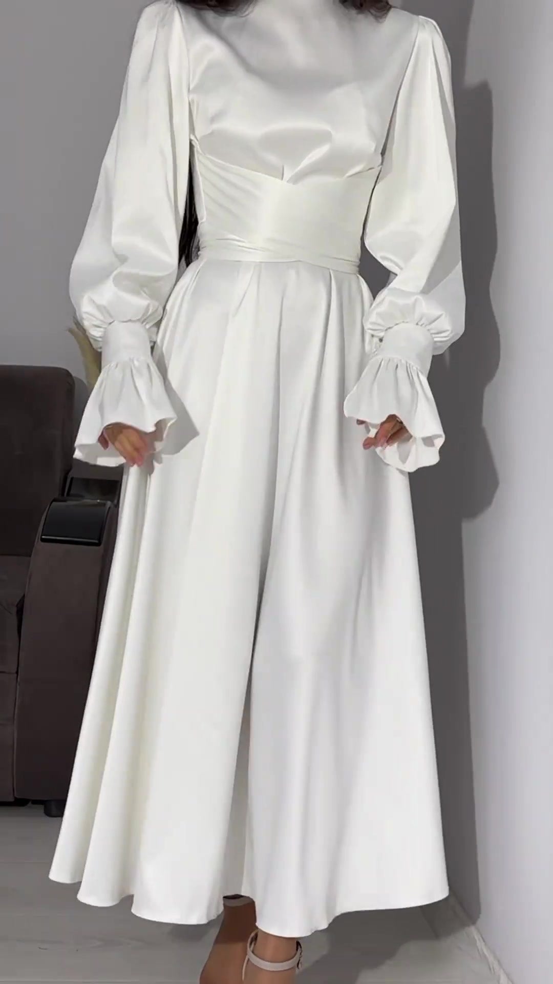 Modest satin maxi dress in White – Modest Satin Long Sleeve Maxi Dress with Belted Waist