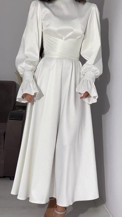 Modest satin maxi dress in White – Modest Satin Long Sleeve Maxi Dress with Belted Waist
