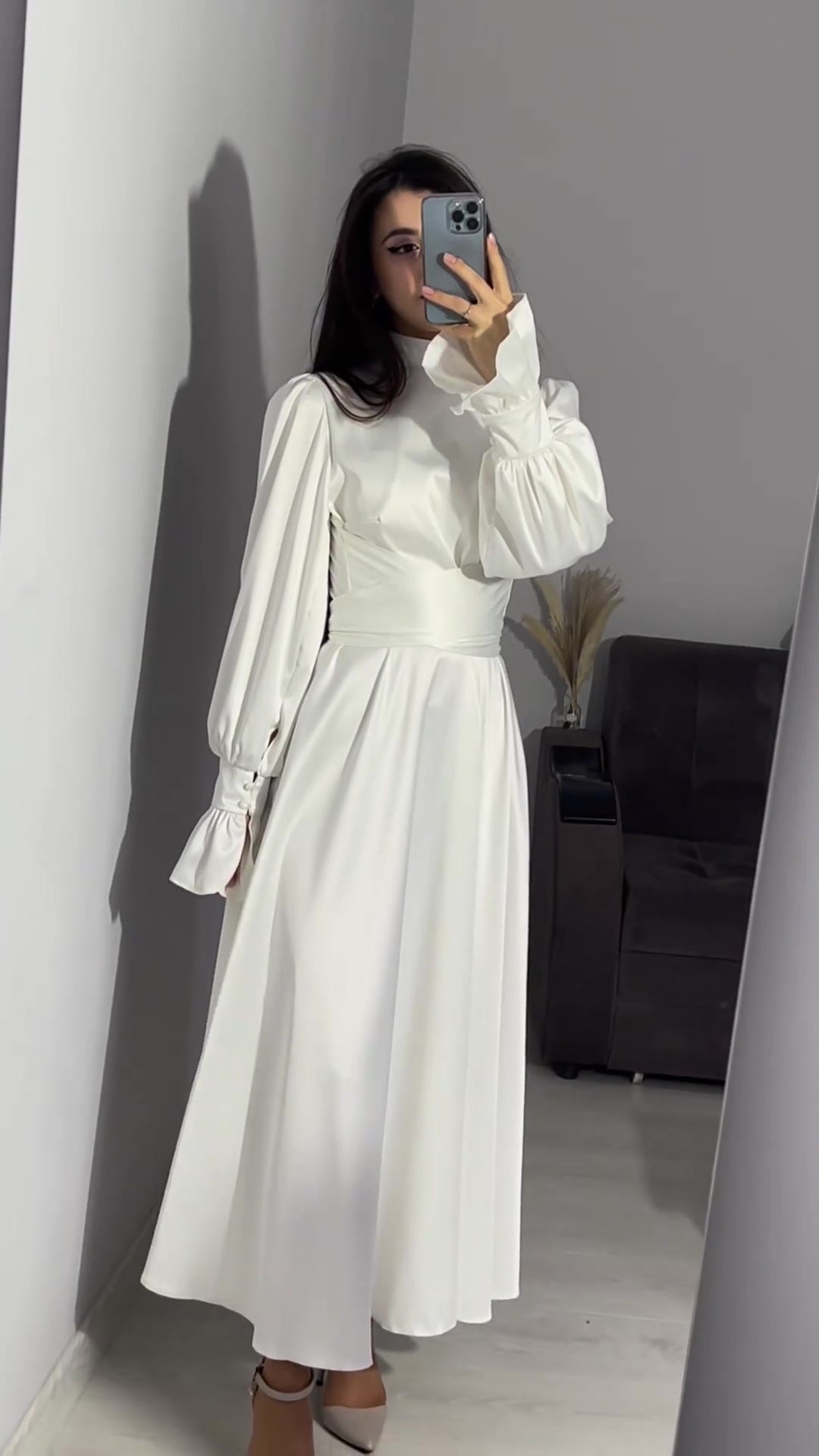 Modest satin maxi dress in White – Modest Satin Long Sleeve Maxi Dress with Belted Waist