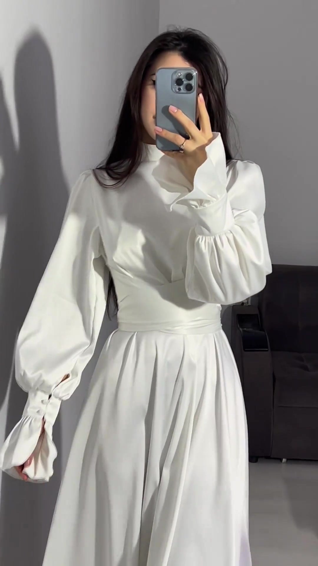Modest satin maxi dress in White – Modest Satin Long Sleeve Maxi Dress with Belted Waist