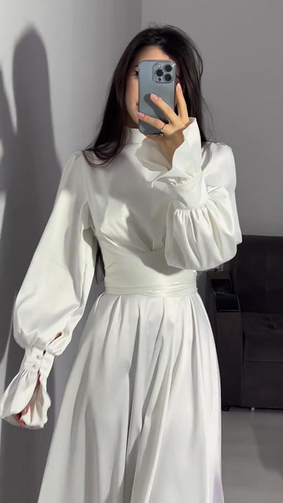 Modest satin maxi dress in White – Modest Satin Long Sleeve Maxi Dress with Belted Waist