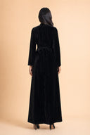 Velvet Elegance Modest Abaya Dress in Deep Black — full-body back view — non-hijabi styling — Mystic Modesty modest evening wear SS '26.