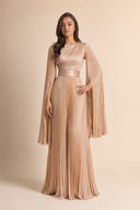 Modest Pleated Satin Gown in Champagne Cream — full-body front view — non-hijabi styling — Mystic Modesty modest evening wear SS '26.