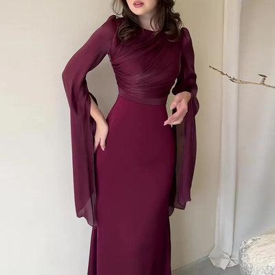 Modest Satin Maxi Evening Dress with Split Sleeves