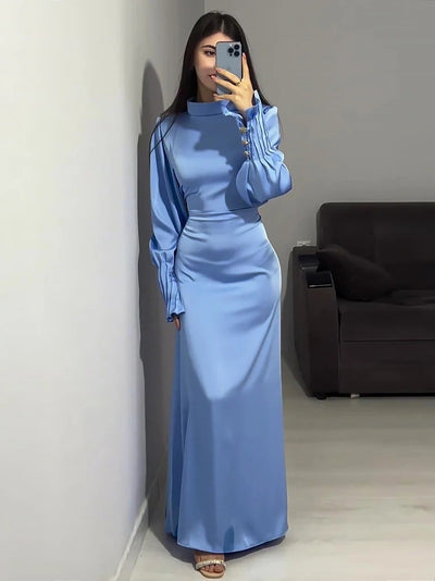 Modest Pleated Cuff Satin Maxi Dress with Lace-Up Back