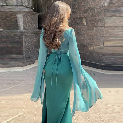 Modest Satin Maxi Evening Dress with Split Sleeves