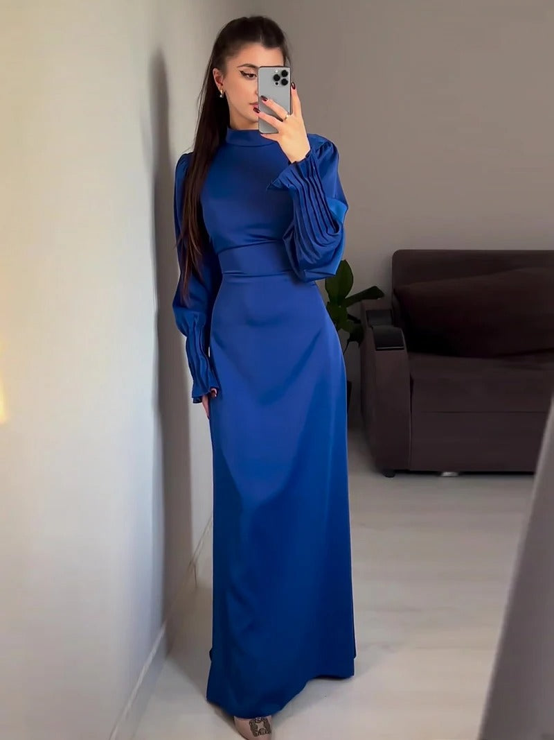 Modest Pleated Cuff Satin Maxi Dress with Lace-Up Back