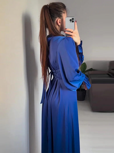 Modest Pleated Cuff Satin Maxi Dress with Lace-Up Back