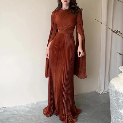 Elegant Pleated Maxi Dress with Flared Sleeves