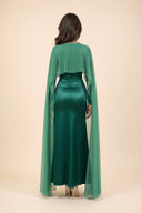 Chiffon Dream Modest Evening Dress in Emerald Green — full-body back view — non-hijabi styling — Mystic Modesty modest evening wear SS '26.