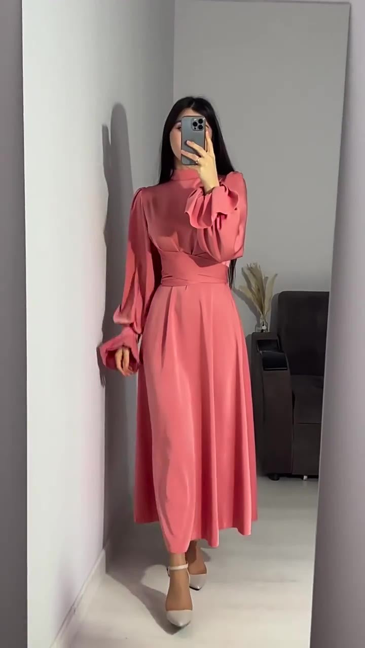 Modest satin maxi dress – Modest Satin Long Sleeve Maxi Dress with Belted Waist Coral