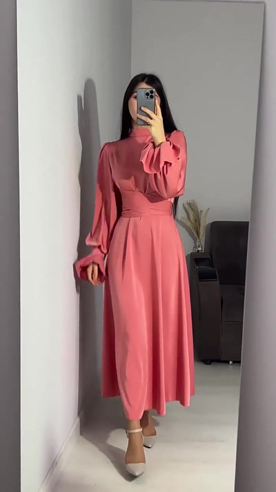Modest satin maxi dress – Modest Satin Long Sleeve Maxi Dress with Belted Waist Coral