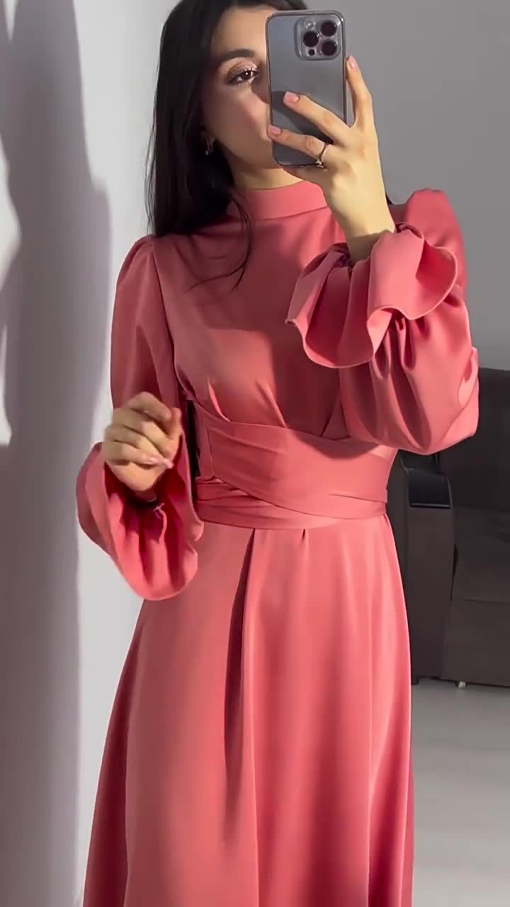 Modest satin maxi dress – Modest Satin Long Sleeve Maxi Dress with Belted Waist Coral