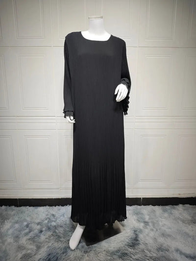 Elegant Pleated Long-Sleeve Modest Abaya Dress