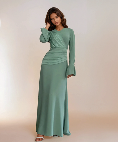 Modest satin maxi dress in mint – Elegant Lace-Up Satin Maxi Dress