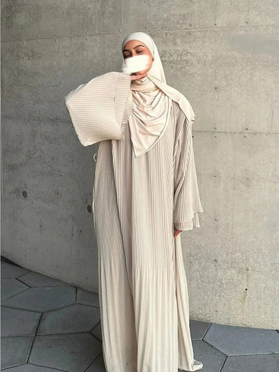 Elegant Pleated Long-Sleeve Modest Abaya Dress