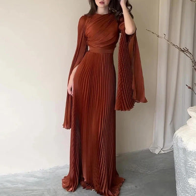 Elegant Pleated Maxi Dress with Flared Sleeves