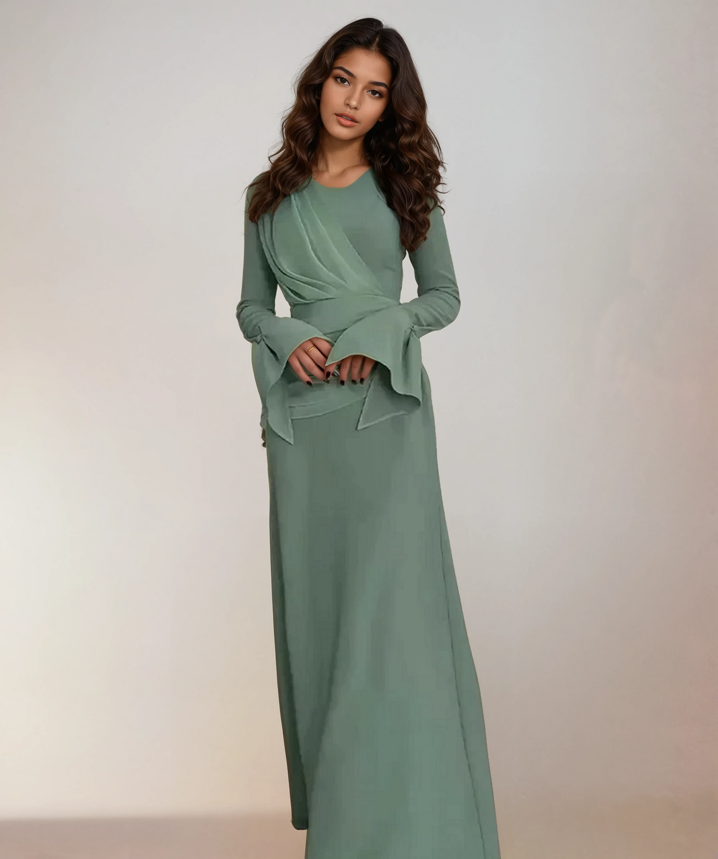 Modest satin maxi dress in mint – Elegant Lace-Up Satin Maxi Dress