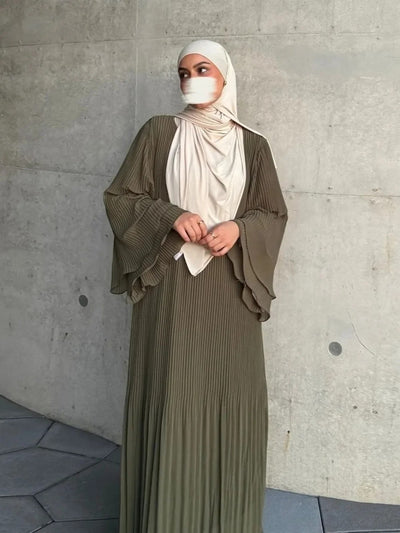 Elegant Pleated Long-Sleeve Modest Abaya Dress