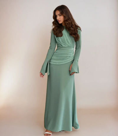 Modest satin maxi dress in mint – Elegant Lace-Up Satin Maxi Dress