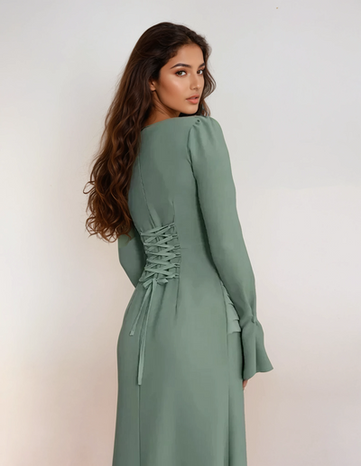 Modest satin maxi dress in mint – Elegant Lace-Up Satin Maxi Dress