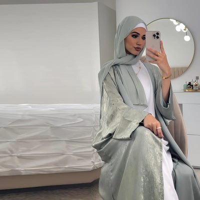 Satin Open Kimono Abaya – Modest Maxi Kaftan with Batwing Sleeves