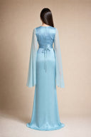 Mystic Modesty Mariya aquatic blue Luxe Satin evening gown — back view with corset lace-up waist and shimmering cape sleeves