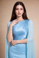 Mariya aquatic blue modest evening dress — close-up of the ruched liquid satin bodice and high neckline, Mystic Modesty
