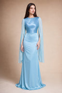 Mariya aquatic blue modest satin evening dress — full-length editorial portrait, Mystic Modesty Luxe Satin gown